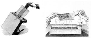 Links: Das Sensibilisieren; rechts: Das Fixieren der belichteten Platte