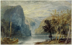 In der Ausstellung „Rheinromantik in Kunst und Natur“ im Museum Wiesbaden zu sehen: Joseph Mallord William Turner; Am Rhein; Blick von der Burg Rheinfels über St. Goar auf die Burg Katz; 1844 © The Ashmolean Museum, Oxford