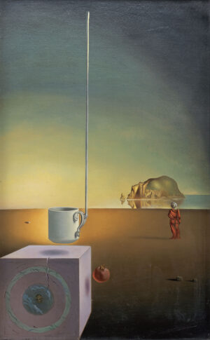 Salvador Dalí; Riesige fliegende Mokkatasse mit unerklärlicher Fortsetzung von fünf Metern Länge; 1944/45; Öl auf Leinwand; 50 x 31 cm; Privatsammlung; Schweiz