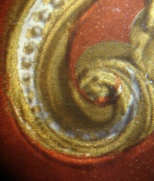 Vidal, Dolch, Detail: mehrere, teilweise überlappende und versetzt aufgelegte Druckschichten sind auf dem durchschimmernden Schwarz-Weiß-Abzug erkennbar.