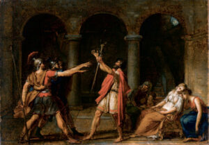 Jacques-Louis David (1748–1825); Der Schwur der Horatier (Skizze), 1784/85; Öl auf Papier auf Leinwand, 41,5 x 52,5 cm; Paris, Musée du Louvre – Département des Peintures