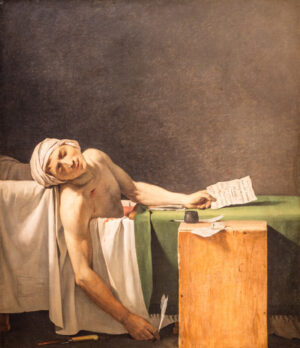 Jacques-Louis David (1748–1825), Werkstatt; Tod des Marat, 2. Hälfte 19. Jahrhundert; Öl auf Leinwand, 157 x 136 cm; Versailles, Musée national des châteaux de Versailles et de Trianon