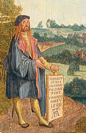 Dürer höchtspersönlich im Detail des Mittelaltars: auf der Tafel ist sein Monogramm „AD“ zu sehen.