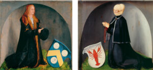 Die Stifter des Altars: Auf der linken Seite ist Jakob Heller mit seinem Familienwappen zu sehen, auf der rechten seine Frau, Katharina Melem, ebenfalls mit Wappen.