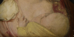 Der trinkende Jesusknabe. Detail aus: Albrecht Dürer (1471–1528) Maria das Kind stillend, 1503, Lindenholz, 24,1 cm x 18,3 cm, Kunsthistorisches Museum, Wien.