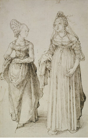 Trachtenstudie anno 1495: Albrecht Dürer (1471–1528); Nürnbergerin und Venezianerin, um 1495; Feder in dunklem Graubraun, 24,5 x 15,9 cm; Städel Museum, Frankfurt am Main; Foto: Städel Museum – U. Edelmann – ARTOTHEK