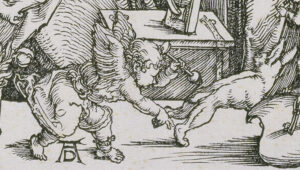 "AD" Dürers bekanntes Monogramm. Deteil aus: Albrecht Dürer (1471–1528); Mariens Verehrung, um 1502; Holzschnitt; Graphische Sammlung, Städel Museum Frankfurt am Main; Foto: Städel Museum - ARTOTHEK