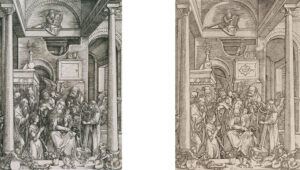 Links das Marienleben von Dürer, rechts Raimondis Arbeit.
Albrecht Dürer, (1471-1528); Mariens Verehrung, um 1502; Holzschnitt; Graphische Sammlung, Städel Museum Frankfurt am Main; Foto: Städel Museum - ARTOTHEK
Marcantonio Raimondi (1475/1480-1527/1534); Die Verehrung Mariens (nach Albrecht Dürer);29,5 x 21,6 cm; Städel Museum, Frankfurt am Main, Graphische Sammlung; Foto:Städel Museum - ARTOTHEK