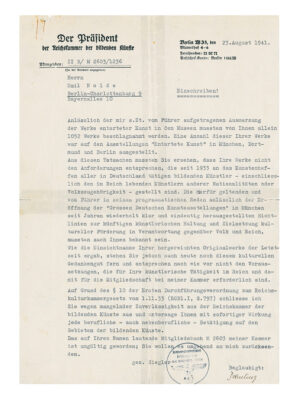 Brief des Präsidenten der Reichskammer der bildenden Künste, Adolf Ziegler, an Emil Nolde, 23.8.1941, Nolde Stiftung Seebüll