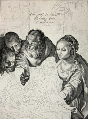 Hier ist der fünfte Zustand von insgesamt sechs Zuständen der Druckplatte der „Anbetung der Hirten“ zu sehen. Bis hin zu diesem Zustand der Grafik wurde die ursprüngliche Platte mehrmals überarbeitet, die Szene im Vorder- und Hintergrund wurde als Linienzeichnung mit der Kaltnadel ergänzt. Außerdem wurde die Jahreszahl 1615 im oberen Bildbereich hinzugefügt.