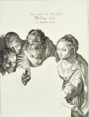 Hier zu sehen: Der sechste und letzte Zustand der Druckplatte. Sie wurde geglättet, um den Ursprungszustand des Kupferstichs wiederherzustellen. Die nachträglich hinzugefügte Jahreszahl 1615 blieb allerdings erhalten.