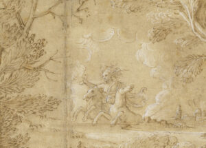 Detail: Im Hintergrund – symmetrisch von dichten Bäumen gerahmt – reitet Aurora (die Göttin, die Cephalus einst raubte) über den Horizont.