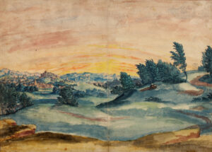 Wolf Huber (um 1485-1553), Große Landschaft mit Golgatha, um 1530, Feder in Braun, Wasser- und Deckfarben, 32,7 x 44,5 cm, Graphische Sammlung der Universitätsbibliothek Erlangen-Nürnberg (B 822), Foto: Graphische Sammlung der Universitätsbibliothek Erlangen-Nürnberg