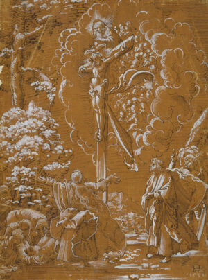 Hans Mielich (1516-1573), Christus am Kreuz mit Gottvater und dem hl. Geist sowie sechs Assistenzfiguren, 1539, Feder in Schwarz auf orangebraun grundiertem Papier, weiß gehöht, 20,8 x 15,4 cm, Städel Museum, Frankfurt am Main, Foto: Städel Museum - U. Edelmann - ARTHOTHEK