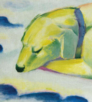 Detailausschnitt des „Liegenden Hundes“: Das Tier steht bei Franz Marc für die Harmonie mit der Natur und dient als Symbol „ursprünglicher“ Reinheit.