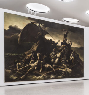 Blick in die Ausstellungshalle der Gegenwartskunst: Pierre-Désiré Guillement und Étienne-Antoine-Eugène Ronjat; Das Floß der Medusa, 1859/60; Kopie nach dem Gemälde von Théodore Géricault; Öl auf Leinwand, 493 cm x 717 cm; Musée de Picardie, Amiens. Foto: Städel Museum