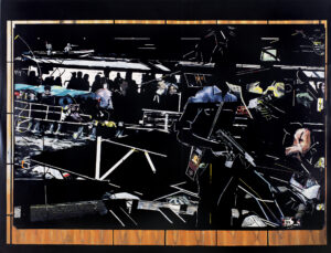 Dierk Schmidt (*1965); Xenophobe-Shipwreck Scene, Dedicated to the 353 Drowned Asylum Seekers Died on the Indian Ocean, on the morning of October 19. (Xenophob - Schiffsbruchszene, gewidmet 353 ertrunkenen Asylsuchenden im indischen Ozean, 19. Oktober 2001, am Morgen); Öl auf Acryl auf PVC-Folie, 177 x 229,6 cm. Aus dem Zyklus: SIEV-X. Zu einem Fall von verschärfter Flüchtlingspolitik. 19-teilig, 2001/02; Städel Museum, Eigentum des Städelschen Museums-Verein e.V.; © VG Bild-Kunst, Bonn 2015; Foto: Städel Museum – Artothek