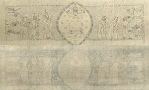 Altardecke mit Weltgericht: Mit der digitalen Nachzeichnung (oben) sind die Bilder für den heutigen Betrachter besser zu erkennen (126,6 cm x 395,6 cm, Altenberg, um 1330, New York, The Metropolitan Museum of Art)