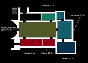 Blick auf den Grundriss: Im großen Oberlichtsaal (grün) hängen Italiener, Franzosen und Spanier nun in unmittelbarer Nachbarschaft
