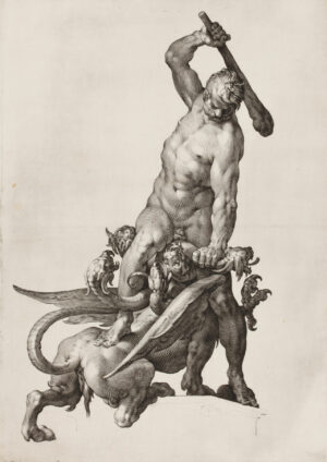 Jan Muller, Adriaen de Vries, Herkules tötet die Hydra (Die Bronzestatue auf dem Augsburger Brunnen), 1602, Kaltnadel, Kupferstich, Städel Museum