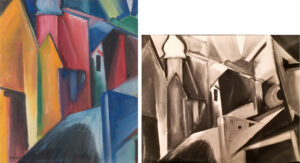 Walter Dexels "Haus mit Zwiebelturm" (l., Fragment), 1917, und die historische Schwarz-Weiß-Abbildung des Gemäldes (Städel Museum, Frankfurt am Main)