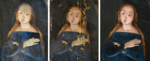 Detail aus der "Geburt Christi": Zustand vor der Restaurierung (l.) nach der Reduzierung alter Firnisse und Abnahme alter Kittungen und Übermalung (M.) sowie nach der Restaurierung (r.)