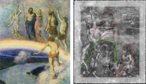 Hans Thomas "Zug der Götter nach Walhall", 1880, neben der um 180° gedrehten Röntgenaufnahme des Werkes mit Umzeichnung der Bildanlagen (Städel Museum, Frankfurt am Main)