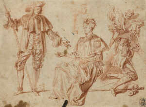 Antoine Watteau: Drei Pilgerstudien, einer der Pilger mit einem Amor, eine männliche Figur mit erhobenem Arm, um 1709-1712, Rötel, Kupferstich-Kabinett, Staatliche Kunstsammlungen Dresden