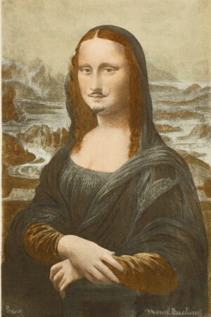 Marcel Duchamp, L.H.O.O.Q., Teil von Boîte, 1919/1963, Farbabzug einer bemalten Postkarte, Museum für Moderne Kunst Frankfurt am Main, Dauerleihgabe der Adolf-Luther-Stiftung Krefeld