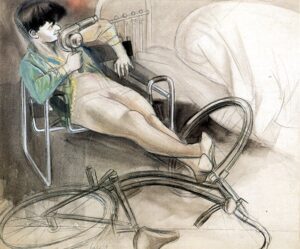 Karl Hubbuch: Hilde mit Föhn, Fahrrad und Breuerstuhl, 1928/29, Sammlung Christina und Volker Huber