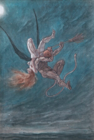 Félicien Rops: Die Entführung (1882), Aquarell, Farbstift, schwarze Kreide, weiß gehöht in Gouache und Radierung auf Papier, Arwas Archives