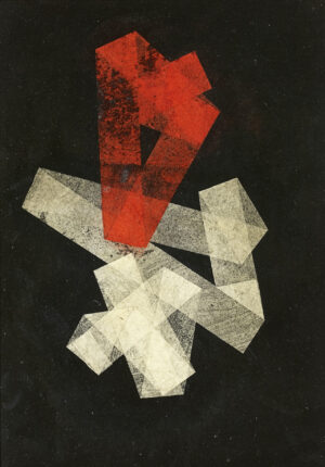 Hermann Glöckner: Gefaltete Streifen in Rot und Weiß auf Schwarz, 1933, Seidenpapier auf Lack und Pappe, 35,1 x 35,5 x 0,3 cm, Städel Museum, Frankfurt am Main, erworben 2009 aus Mitteln des Städelkomitees 21. Jahrhundert. Eigentum des Städelschen Museums-Vereins e.V., © VG Bild-Kunst
