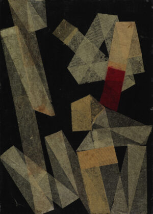 Hermann Glöckner: Gefaltete weiße Streifen auf Schwarz mit Rot, 1956, Collage aus Pappe, Lack und Seidenpapier, 35 x 25 x 0,3 cm, Städel Museum, Frankfurt am Main, erworben 2011 als Schenkung von Margarethe und Klaus Posselt, © VG Bild-Kunst
