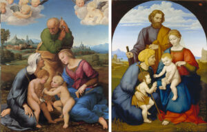 Raffael von Urbino: Die Heilige Familie aus dem Hause Canigiani, ca. 1507/08, Alte Pinakothek, München (llinks) und Johann David Passavant: Die Heilige Familie mit Elisabeth und dem Johannesknaben, 1819, Städel Museum, Frankfurt am Main