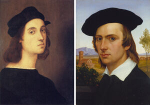 Raffael von Urbino: Selbstbildnis, ca. 1506, Galleria degli Uffizi, Florenz (links) und Johann David Passavant: Selbstbildnis mit Barett vor römischer Landschaft, 1818, Städel Museum, Frankfurt am Main