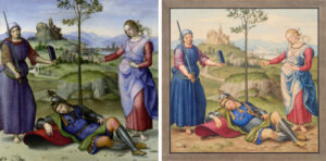 Raffael von Urbino: Die Vision eines Ritters, ca. 1504, National Gallery, London (links) und Johann David Passavant: Die Vision eines Ritters, 1831, Städel Museum, Frankfurt am Main