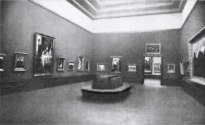 Nach dem Erweiterungsbau für die moderne und zeitgenössische Kunst: Blick in den Impressionistensaal im Städelschen Kunstinstitut mit innovativer Hängung, um 1922