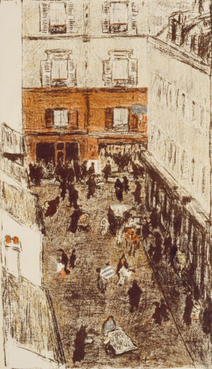 Pierre Bonnard: Coin de rue, vue d’en haut , 1895, Blatt 12 der Folge „Quelques aspects de la vie de Paris“, Lithografie in vier Farben, Städel Museum, Frankfurt am Main, © VG Bild-Kunst, Bonn 2017