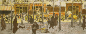 Pierre Bonnard: Boulevard, Blatt 5 der Folge „Quelques aspects de la vie de Paris“, 1895, Lithografie in vier Farben, 17 x 43 cm, Städel Museum, Frankfurt am Main,
© VG Bild-Kunst, Bonn 2017