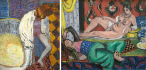 Jedem sein Markenzeichen: Pierre Bonnard, Frau, aus dem Bad steigend, um 1925, Jeff & Mei Sze Greene Collection © VG Bild-Kunst, Bonn 2017 (links) und Henri Matisse, Zwei Odalisken, 1928, Öl auf Leinwand, 54 x 65 cm, Moderne Museet,  Stockholm © Succession H. Matisse / VG Bild-Kunst, Bonn 2017