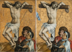 Vorher - nachher: „Meister von Flémalle“, Schächer zur Linken Christi / Johannes der Täufer, um 1430, Mischtechnik auf Eichenholz, 134,2 x 92,5 cm, Frankfurt am Main, Städel Museum