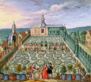 Johann Walter der Ältere: Ansicht des Gartens von Idstein / Allegorie des Frühlings, aus dem Florilegium des Grafen von Nassau-Idstein, Idstein und Straßburg, 1663, Deckfarben auf Pergament, 27 x 29,7 cm, Bibliothèque Nationale, Paris