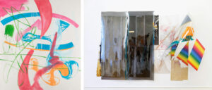 Michel Majerus, MoM Block nr. 27, 1998, Acryl auf Leinwand, 
200 x  179,5 cm, Städel Museum (links) © Estate Michel Majerus; Isa Genzken, Wind I (David), 2009, Spiegelfolie, C-Prints, Sprühfarbe, Lack, Klebeband und Metall auf Plastikfolie, 198 x 300 cm, Städel Museum, © VG Bild-Kunst, Bonn