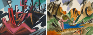 Ernst Wilhelm Nay, Ausfahrt der Fischer, 1937, Öl auf Leinwand, 115 x 155 cm (links), Ernst Wilhelm Nay, Lofotenlandschaft mit See und Kahn, 1938, Aquarell über Bleistift auf geripptem Bütten, 485 x 632 mm (rechts), Städel Museum, © VG Bild-Kunst, Bonn