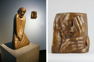 Ausstellungsansicht mit Ernst Barlach, Der Zweifler, 1931
Bronze (links) und Käthe Kollwitz, Die Klage, 1938-1940
Bronze, Städel Museum, Frankfurt am Main, Foto: Städel Museum