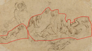 Peter Paul Rubens (nach Barthel Beham), Kampf nackter Männer (mit rot markierten Sektionen der Ausschnitte), um 1598/1600, 141 x 252 mm, National Gallery of Art, Washington DC