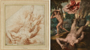 Michiel Coxcie, von Rubens überarbeitet, Abel erschlagen von Kain, um 1609, 214 x 210 mm, Fitzwiliam Museum, Cambridge; Michiel Coxcie, Der Tod Abels, nach 1539, 151 x 125 cm, Museo Nacional del Prado, Madrid