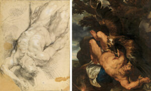 Peter Paul Rubens, Studie eines stürzenden Mannes, um 1610/11, 550 x 426 mm, Musée du Louvre D.A.G., Paris; Peter Paul Rubens mit Frans Snyders (Adler), Prometheus, 1611/12-1618, 242,6 x 209,6 cm, Philadelphia Museum of Art, Philadelphia