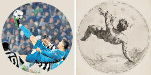 Der Kupferstich von 1588 zeigt Hendrick Goltzius‘ „Phaeton“ aus der Folge der „Vier Stürzenden“ (Städel Museum). Der Portugiese Cristiano Ronaldo (links) machte am 3. April 2018 ähnliche Bewegungen (Quelle: Frankfurter Rundschau).