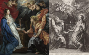 links: Peter Paul Rubens, Verkündigung, um 1609, Öl auf Leinwand, 225 x 202 cm, Kunsthistorisches Museum, Gemäldegalerie, Wien, © KHM-Museumsverband
rechts: Schelte Adamszoon Bolswert, Verkündigung (nach Peter Paul Rubens), nach 1620, Kupferstich, 457 x 334 mm, Städel Museum, Frankfurt am Main